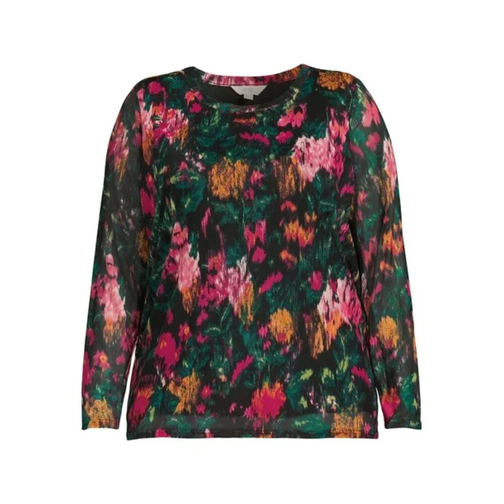 Terra & Sky L/S Jewel Toned Floral Mesh Blouse Sz. 4x Work/Brunch/Garden Party